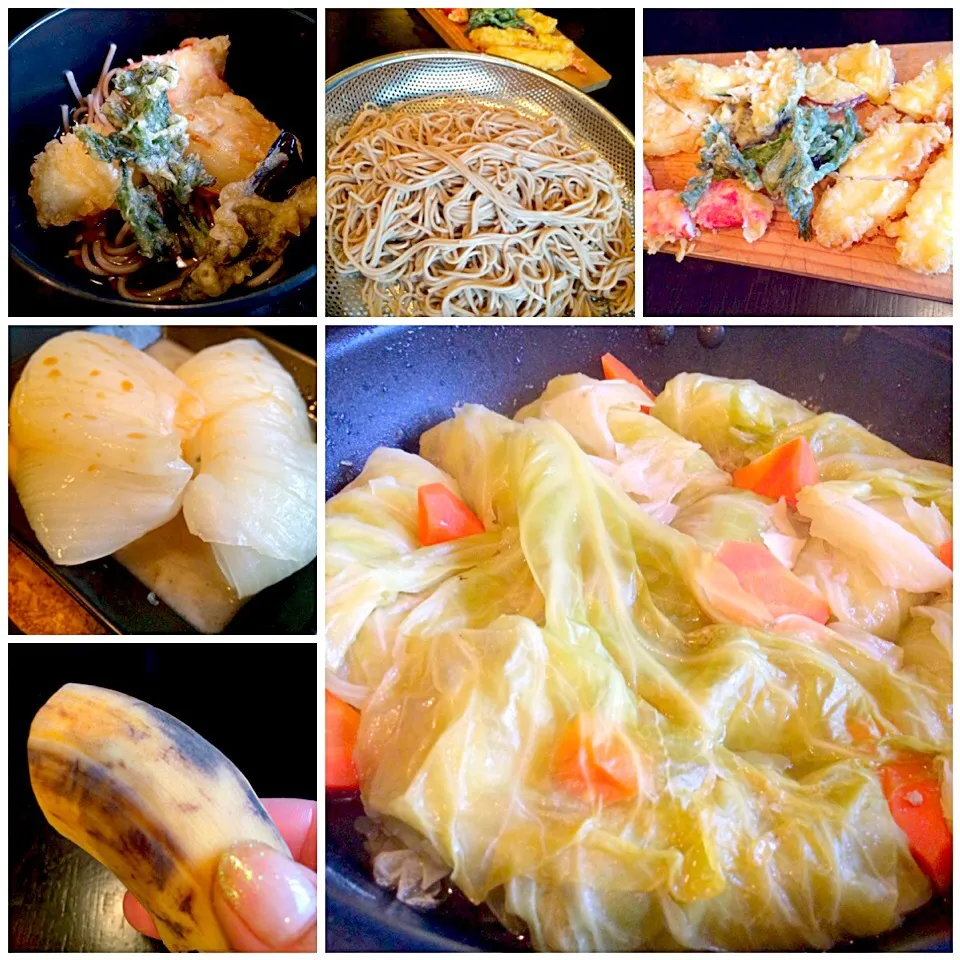 Snapdishの料理写真:Today's Dinner🍴ﾛｰﾙｷｬﾍﾞﾂ &蒸し新玉ねぎのﾊﾞﾀｰ醤油by mom･冷たい天ぷらそば･ｱｯﾌﾟﾙﾊﾞﾅﾅ|🌈Ami🍻さん