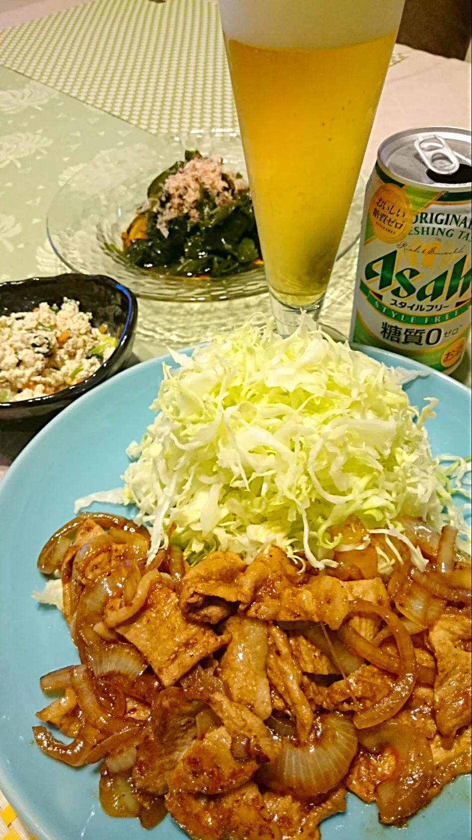 もち豚生姜焼き&白和え&わかめポン酢🍴スタイルフリー🍺|ナムナムさん