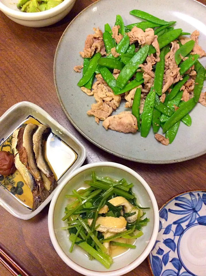 イワシの梅煮  サヤエンドウと豚肉の炒めもの  壬生菜の煮浸し|ちょこりんさん