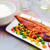 Saba teriyaki with rice  410 calories|clean eating by sakさん