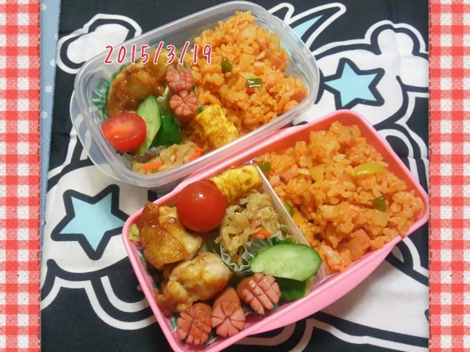 娘弁当2つ　ケチャップライス 鶏もも肉ソテー|marikoさん