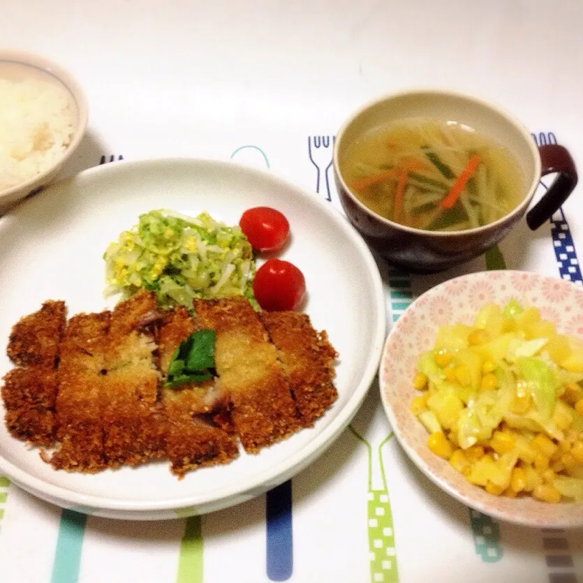 サンマパン粉焼き・野菜スープ・じゃがいもとコーンとキャベツのホットサラダ|美也子さん