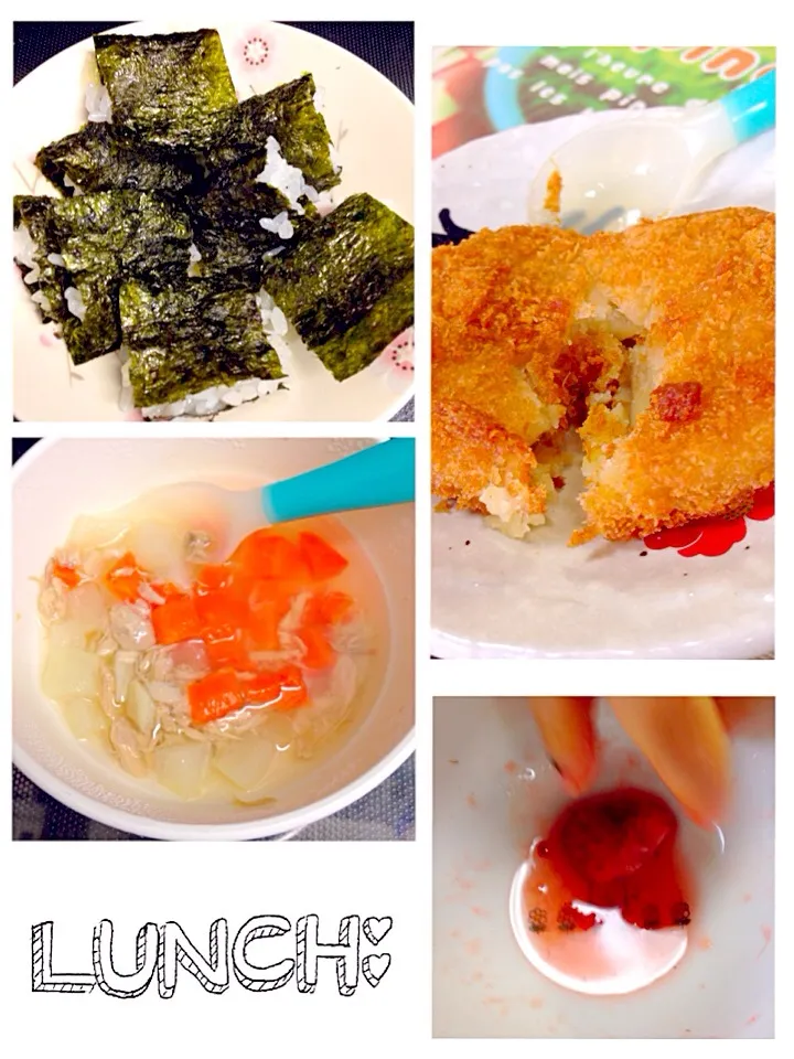 Snapdishの料理写真:150319SOU離乳食昼／味付海苔巻き＆大根人参ツナスープ＆コロッケ中身のみ＆いちご8個ほど|ponnaoさん