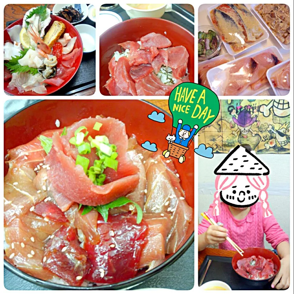 Snapdishの料理写真:海鮮丼☆まぐろ丼☆子供用のミニマグロ丼はサービス♪大満足lunch♪新鮮なお魚もたくさん購入♡3/21@さかなや徳ちゃん|ちび太さん