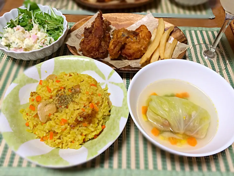 ♡旦那お誕生日ディナー♡〜カレーピラフ・ロールキャベツ・ポテトサラダ〜|miyuさん