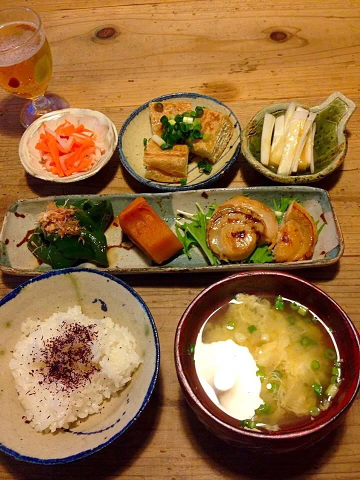 Snapdishの料理写真:ホタテバター カボチャ煮物 タモピー ウド酢味噌和え 栃尾油揚げ なます かき玉スープ|eikoさん