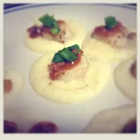 Snapdishの料理写真:Seared scallops on cauliflower purée topped with shallots and miso sauce|moonbunnyさん