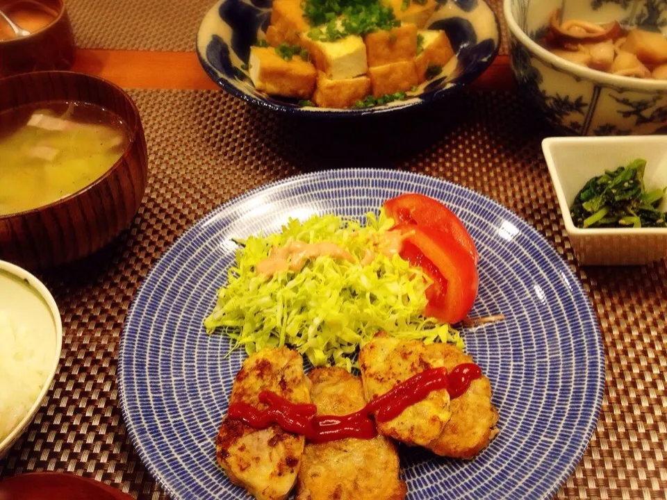 ポークピカタ  ほうれん草胡麻和え  焼き厚揚げ  味噌汁|ikukoさん