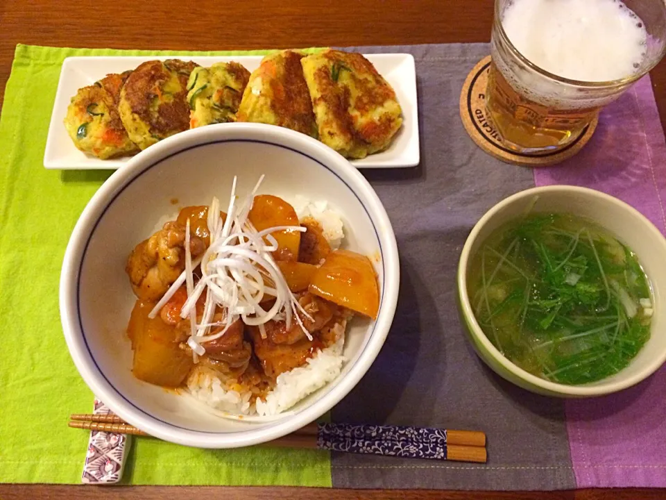 大根と鶏肉のコチュジャン丼 水菜のスープ ポテサラおやき|haseseさん