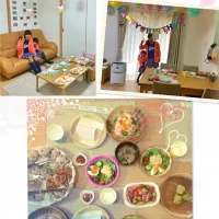 Snapdishの料理写真:小学校お友達親子とお誕生日会、ちらし寿司、唐揚げ、焼き豚、タラモサラダ、タコのマリネ、ロール白菜、豚汁😋|さくりん😊さん