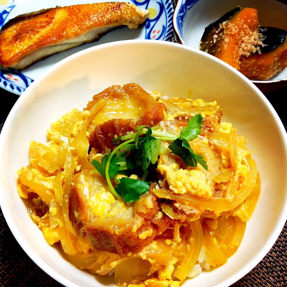 お麩卵とじ丼,鰤塩焼き,南瓜の煮物|りーぴんさん