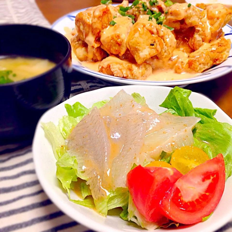 ヒラメのカルパッチョと鶏胸肉のから揚げオーロラソース♪∗*ﾟ|hayuさん