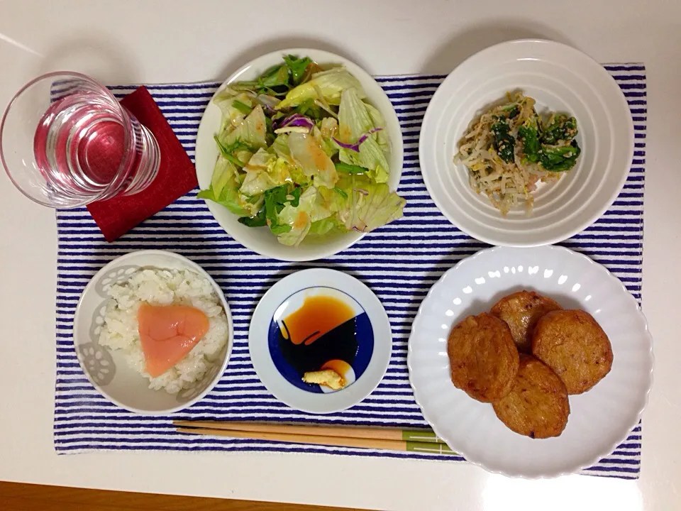 今日の夕飯  さつま揚げ生姜醤油でシンプルに☆たらこごはん☆ナムル☆サラダ|あさこさん