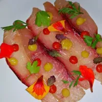 morrocan spice cured kingfish preserved lemon curd roasted capsicum gel baby herbs|Dan Melisさん