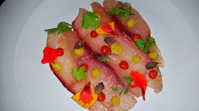 morrocan spice cured kingfish preserved lemon curd roasted capsicum gel baby herbs|Dan Melisさん