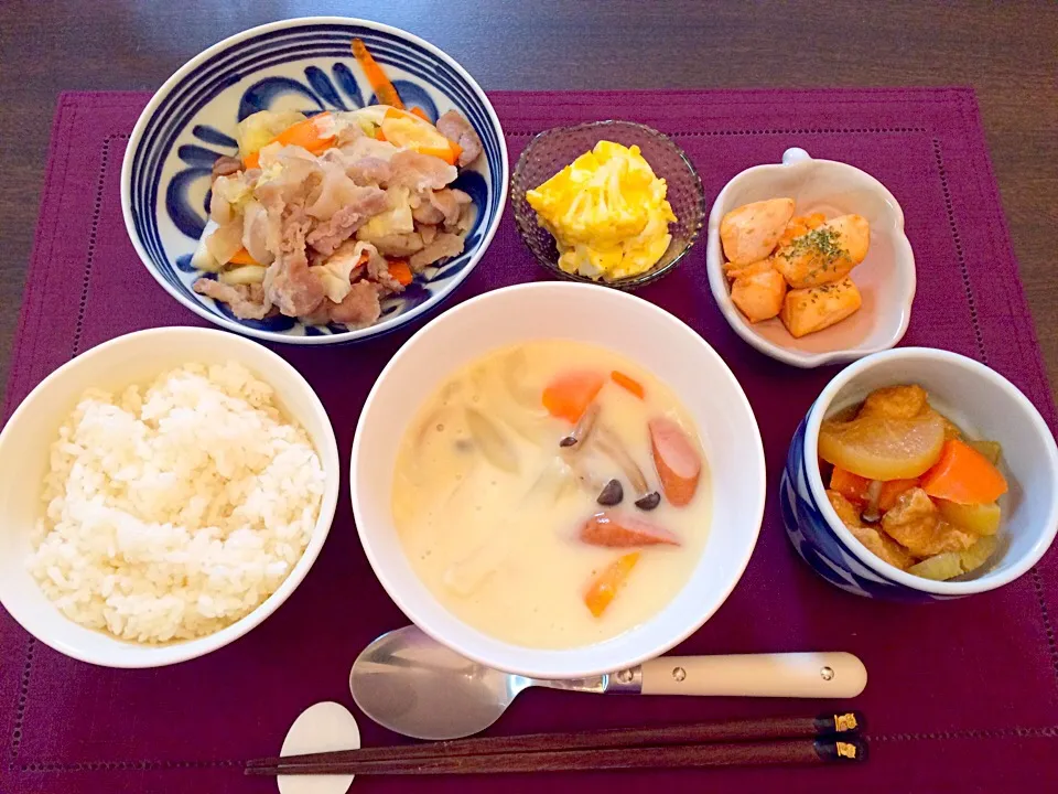 クリームシチュー   豚肉と塩麹野菜炒め   卵とカリフラワーサラダ   サーモンのバター炒め   野菜の煮物|NAKATAさん