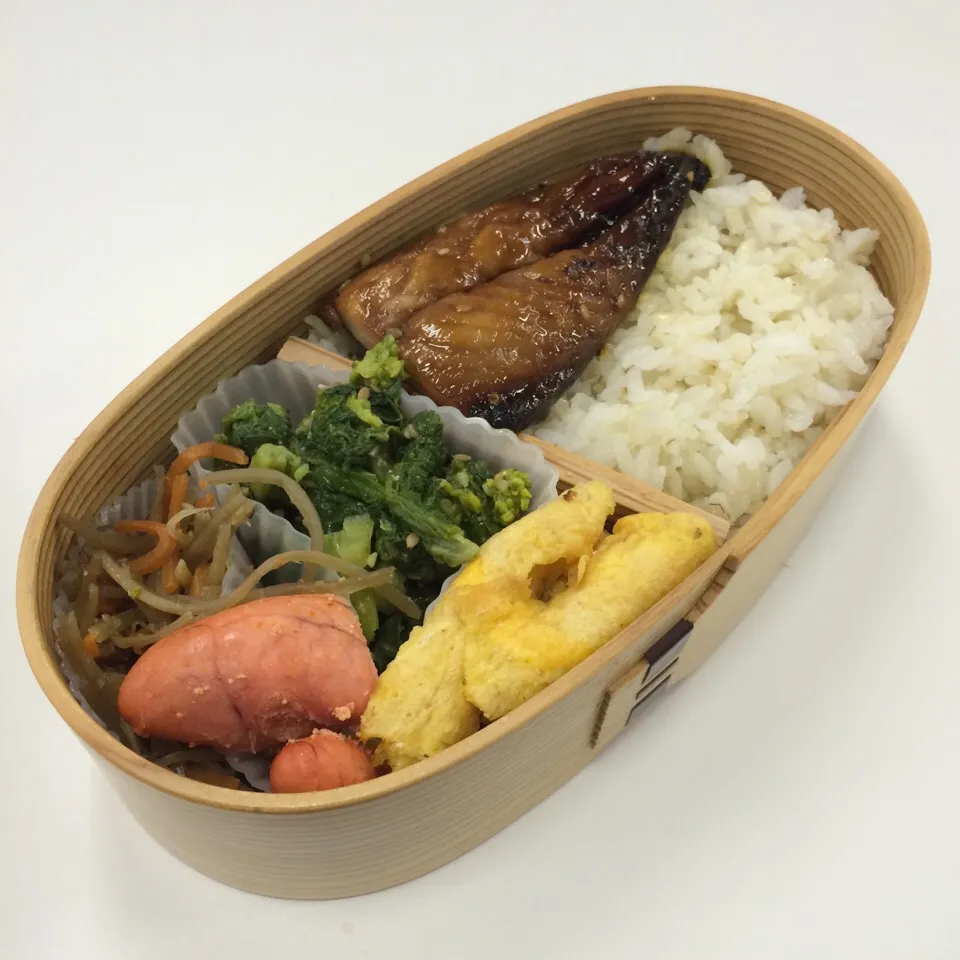 弁当（鯖味醂、玉子焼き、焼き明太子、菜の花辛子和え、きんぴら）|SasaMasa213さん