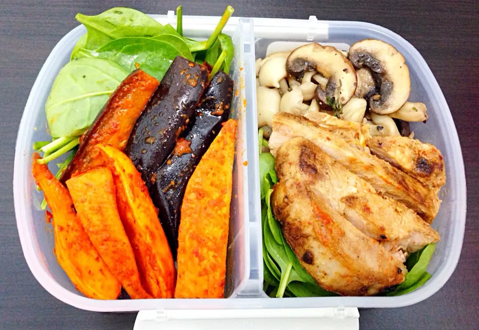 Today's lunch - gochujang roasted eggplant & sweet potato, butter sautéed mixed shrooms, miso pan- fried pork chop on baby spinach|coxiella24さん