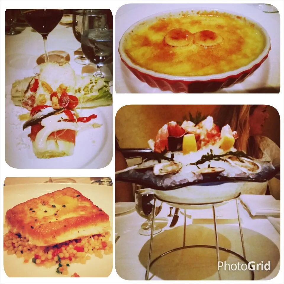 Charlie Palmer Steakhouse at Las Vegas, NV, USA.   Iced shellfish, red snapper, salad and banana creme brulee.|Jihollandさん