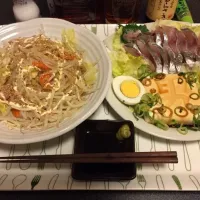 Snapdishの料理写真:モヤポン、鯵のお刺身、レタス、男奴、ゆで卵❗️(ˊo̶̶̷ᴗo̶̶̷`)੭✧✨