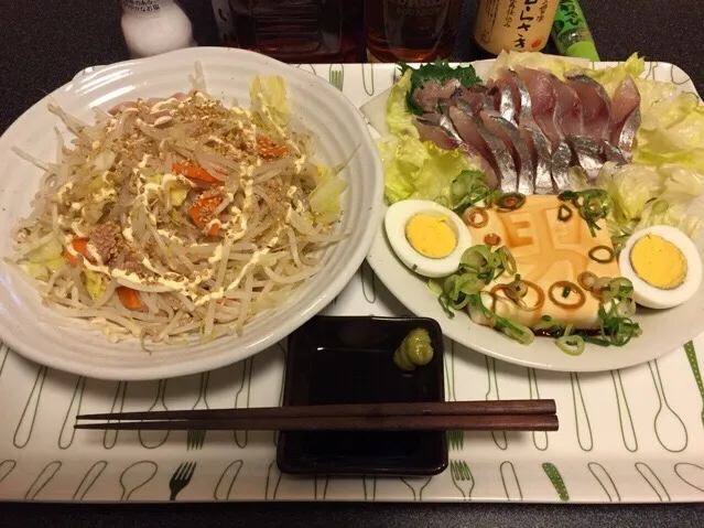 モヤポン、鯵のお刺身、レタス、男奴、ゆで卵❗️(ˊo̶̶̷ᴗo̶̶̷`)੭✧✨|サソリさん