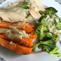 Snapdishの料理写真:Sweet potato, broccoli, roasted chicken with white bean sauce|Ericaさん