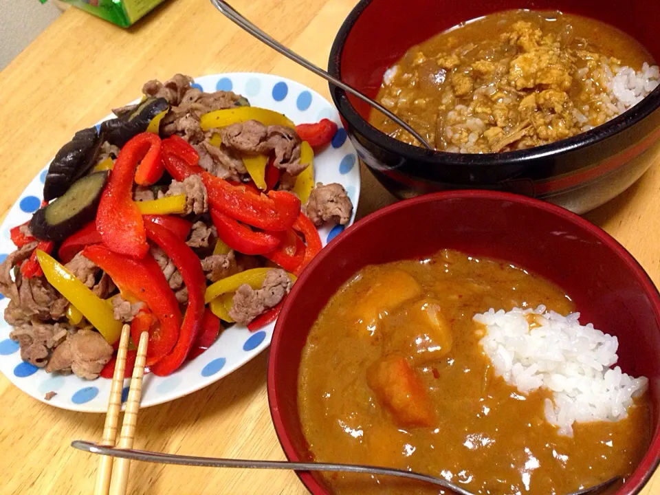 Snapdishの料理写真:茄子と豚肉とパプリカの炒めもの、無印カレー|アミィさん