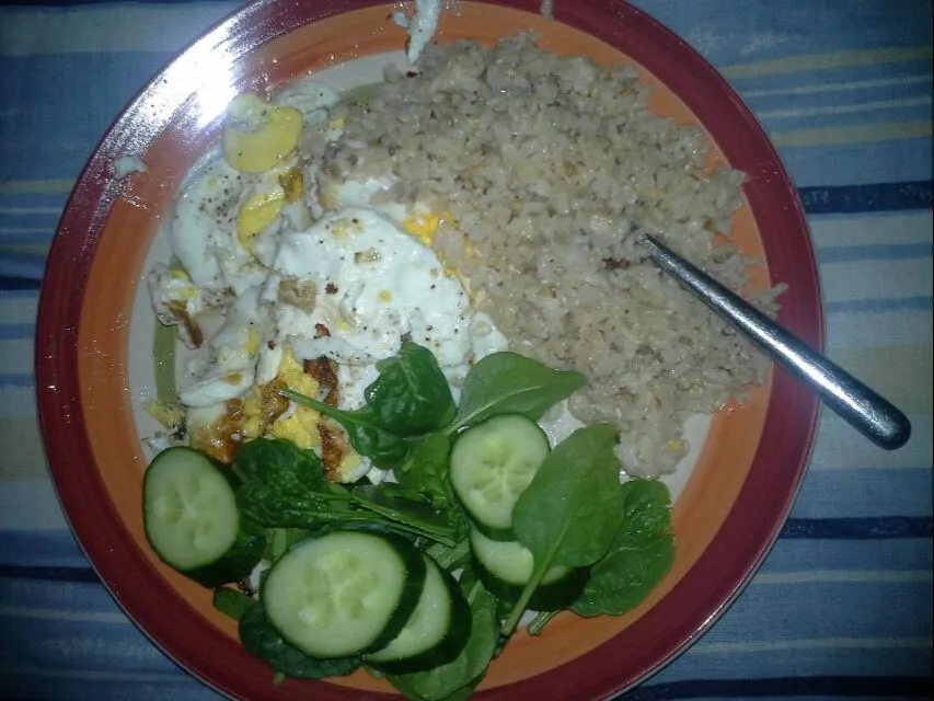 Free ranged fried eggs with fried organic brown rice both cooked in coconut oil and organic spinach with English cucumber.|Dawn Nelsonさん