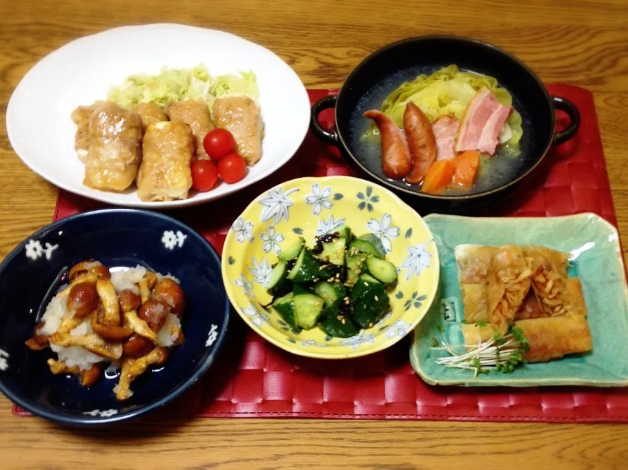 豆腐の豚巻き・ポトフ・切り干し大根の煮物の春巻き・塩昆布きゅうり・ナメコおろし|美也子さん