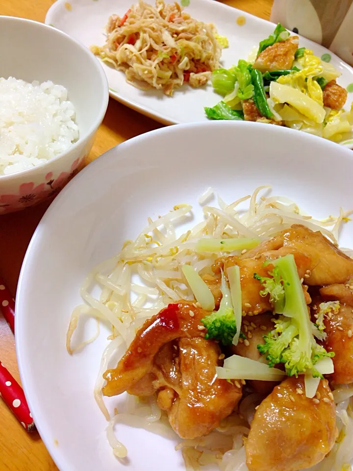 ⭐️切り干し大根とツナの和えもの⭐︎キャベツと玉ねぎ天のマヨサラダ⭐︎鶏もも肉の甘酢和えと蒸しもやし|ゆみきちさん