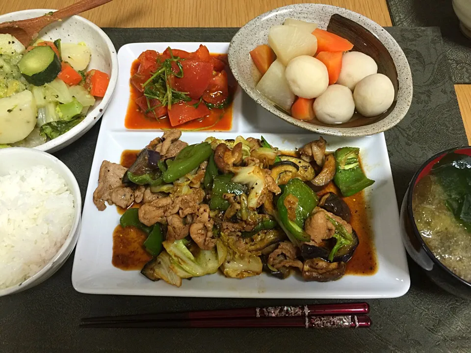 豚野菜の甘辛味噌炒め、トマトと豆苗キムチ、根菜の煮物、蒸し野菜、お味噌汁。作りすぎ（笑）|Angie44さん