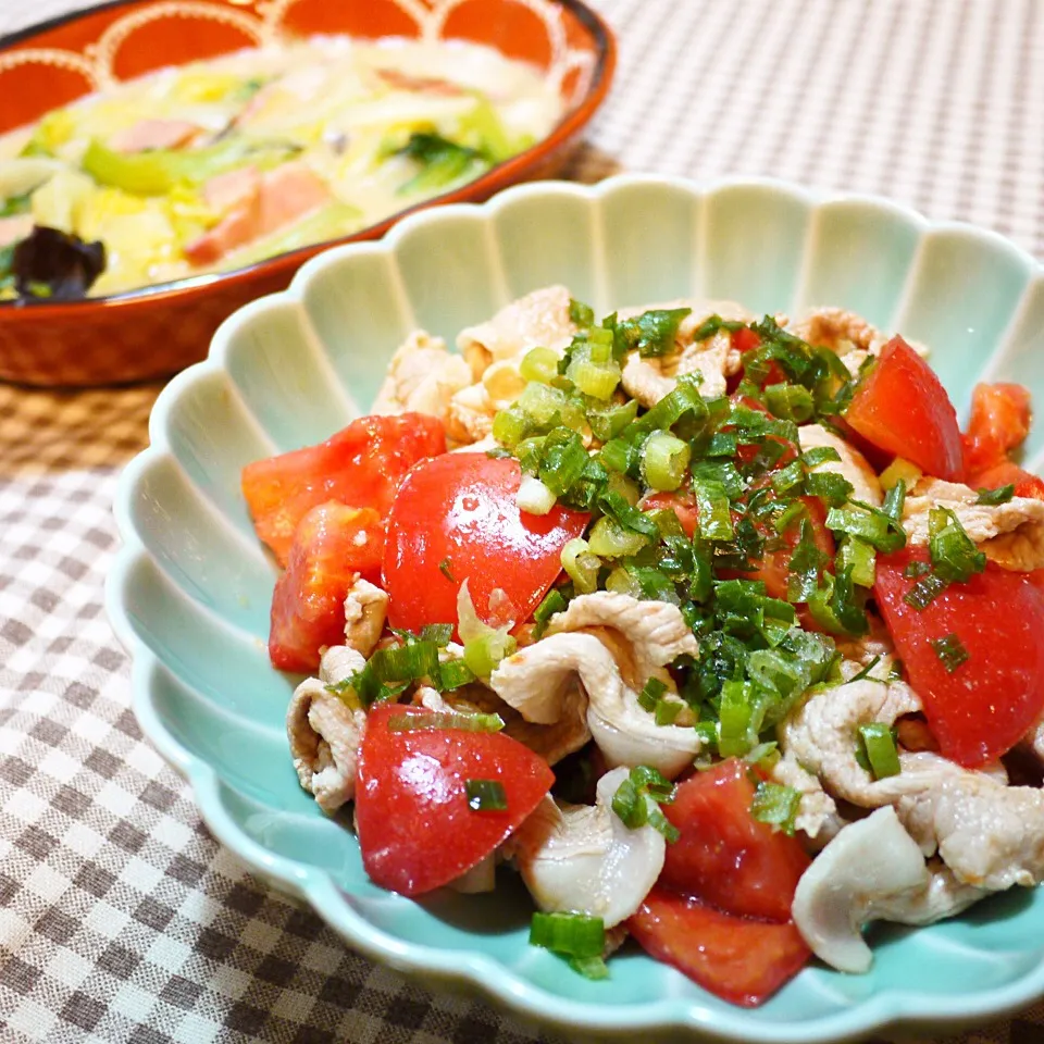 Snapdishの料理写真:トマト冷しゃぶ   ・   白菜 青梗菜 ベーコンのクリーム煮|kokoさん