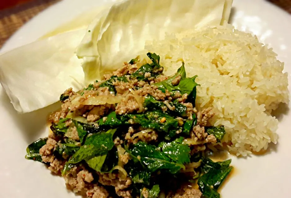 Snapdishの料理写真:Larb gai with sticky rice and cabbage|Jiraphon Gさん