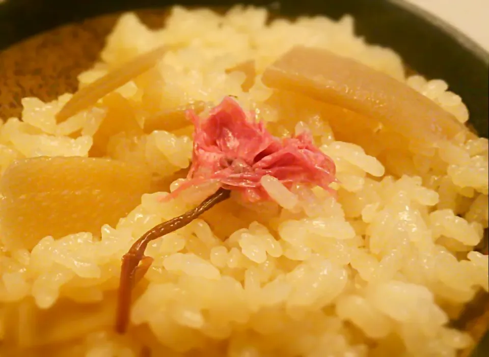 朝昼兼用ごはんは、タケノコご飯に桜の塩漬けを乗せてみましたわ🌸
今日の雨で桜が散らないといいなぁ🙇|にゃあ（芸名）さん