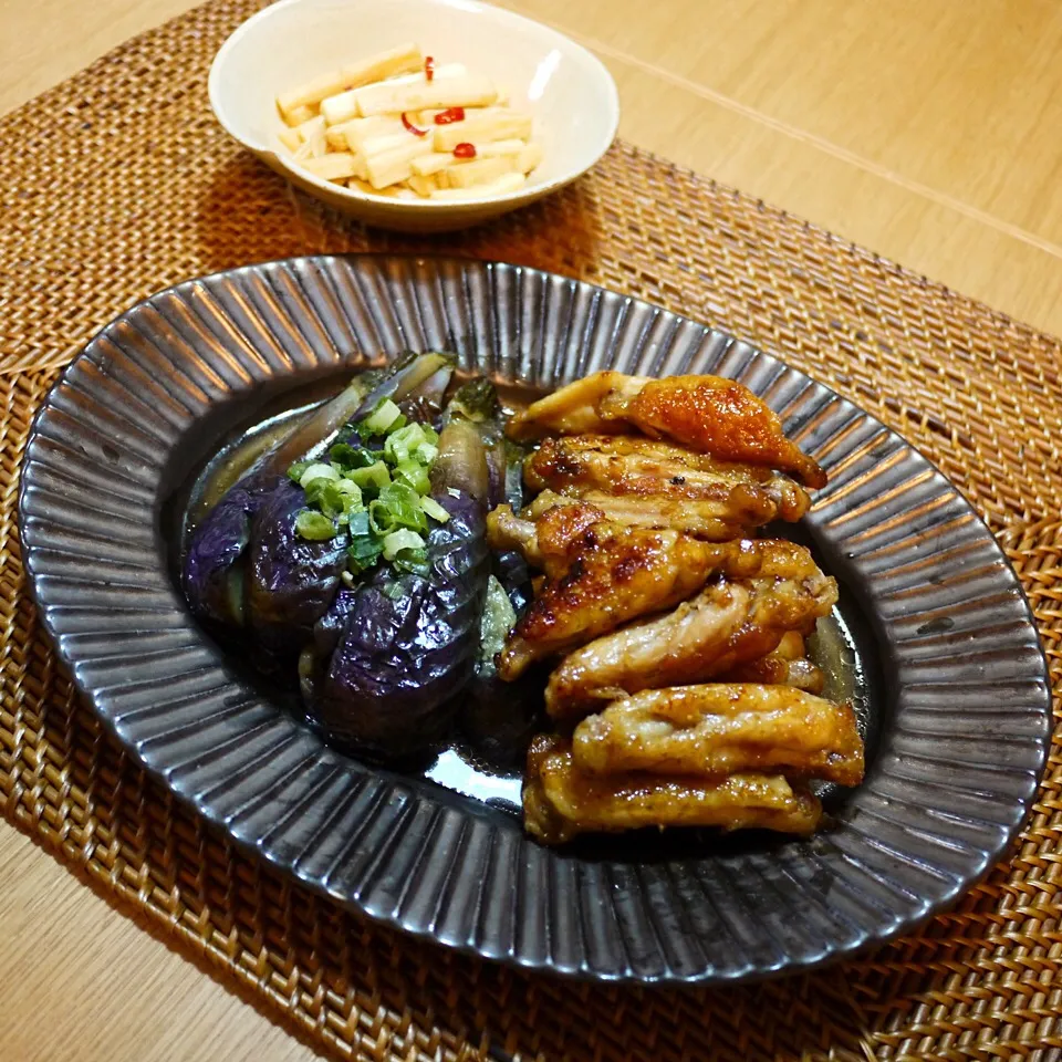 鶏手羽中の山椒焼き ・ 揚げ茄子の出汁浸し ・ 長芋のにんにく醤油漬け|kokoさん