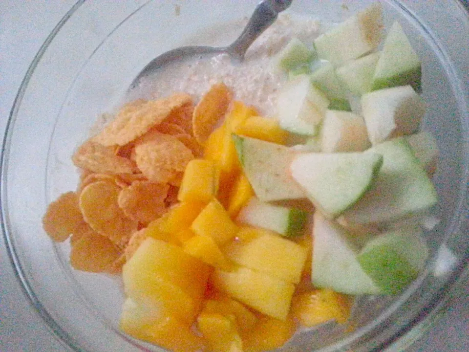 oatmeal, skim milk with some diced fruits and cornflakes|Izni Arifah Shuibさん