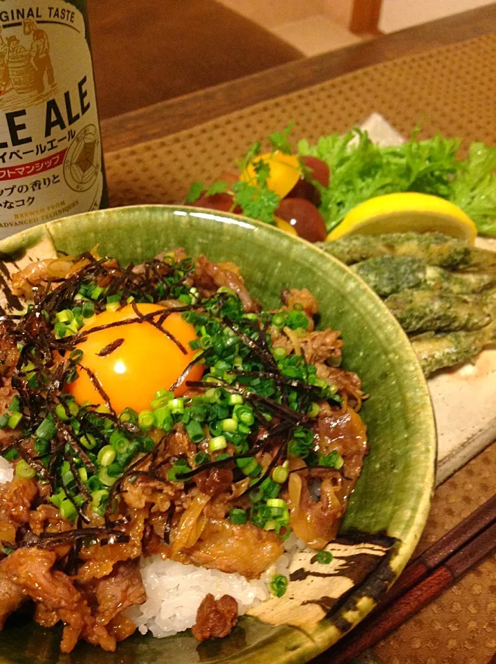 焼肉丼とワカサギの磯辺揚げ|izunさん