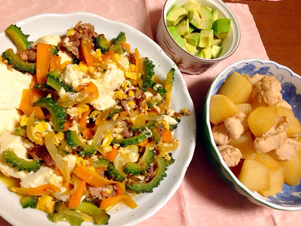 Snapdishの料理写真:ゴーヤチャンプル 大根と鶏肉の煮物 金時豆煮|kao♡さん