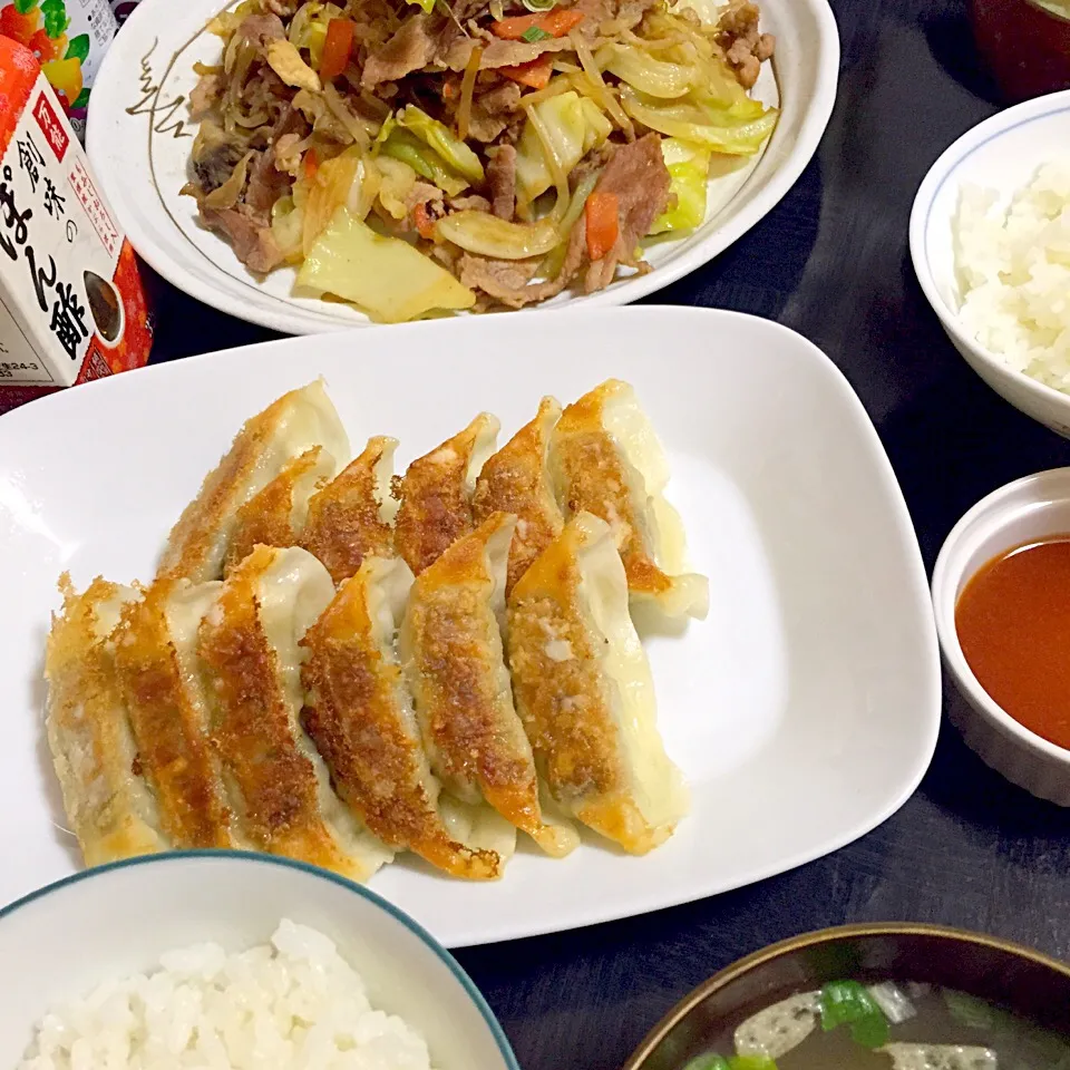 今日の晩ご飯は、肉野菜炒め、しそ餃子、味噌汁。|ゆえさん