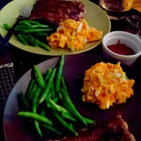 Snapdishの料理写真:Dry rubbed pork ribs finished with sweet and sour homemade bbq sauce, sweet potato salad and green beans.|Penny Conwayさん