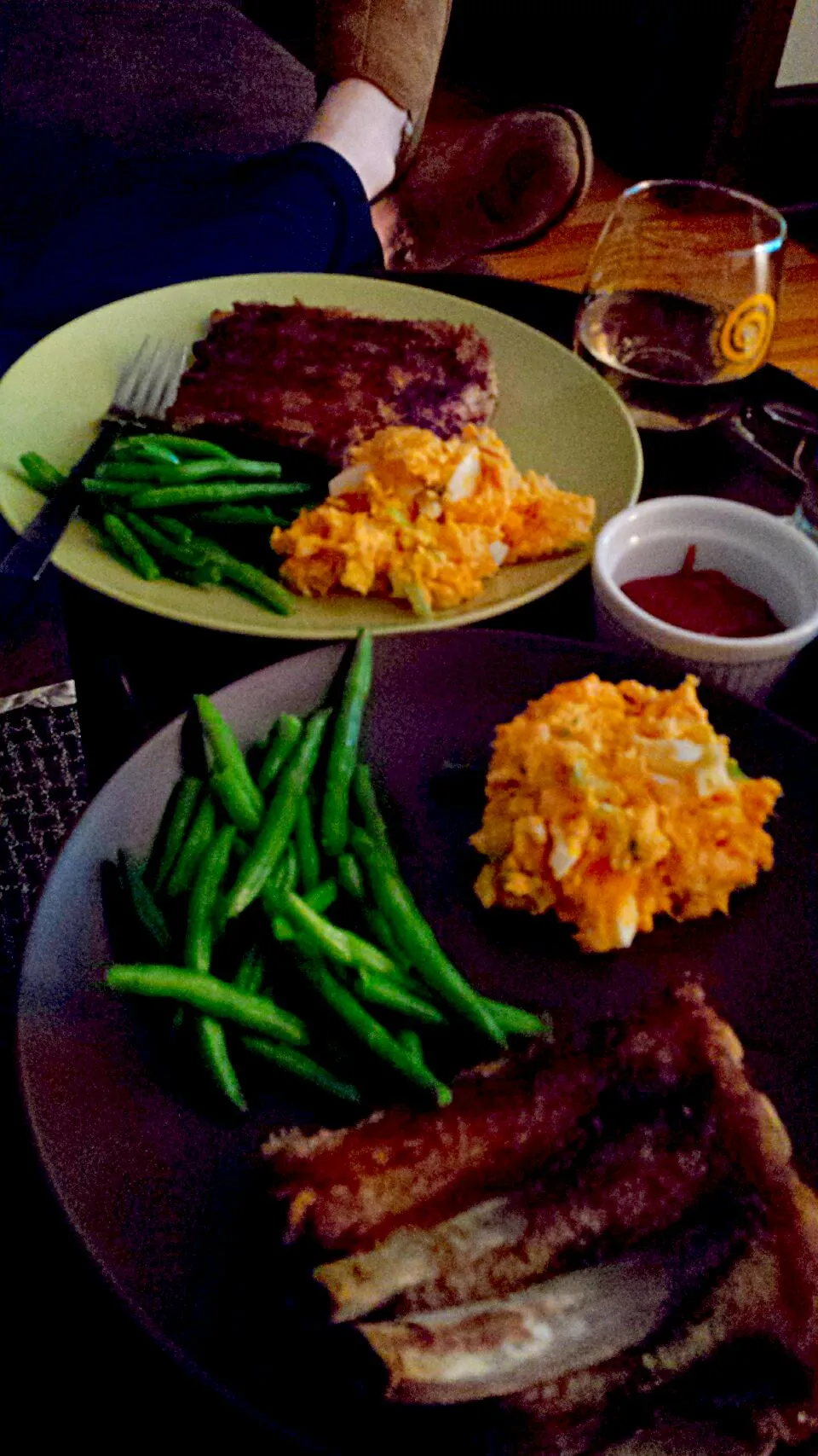 Snapdishの料理写真:Dry rubbed pork ribs finished with sweet and sour homemade bbq sauce, sweet potato salad and green beans.|Penny Conwayさん