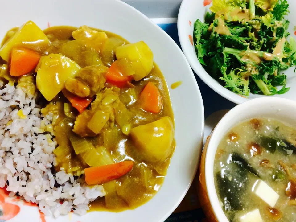 カレー、なめたけのみぞれ味噌汁、わさび菜のサラダ♪|ちょきさん