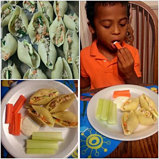 My Nephew Having After School #Snack/Teatime of Tuna Stuffed Shells #Seafood #Fish #Pasta #Main dish with Celery and Carrots with Ranch Dressing #Side dish 😆 😆 |Alisha GodsglamGirl Matthewsさん