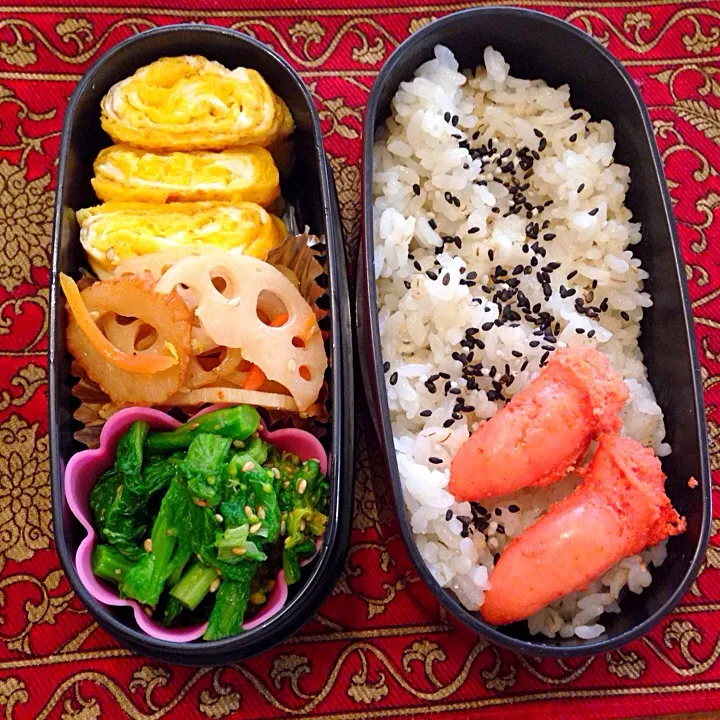 菜花の胡麻和えと蓮根きんぴらと焼きたらこ弁当|もえさん