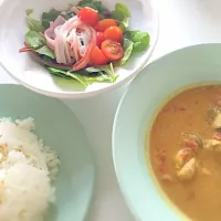 Chicken and mushroom coconut curry, surimi salad sesame dressing and white rice|morikumiさん