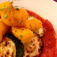 Pumpkin gnocchi and grilled zucchini in tomato sauce