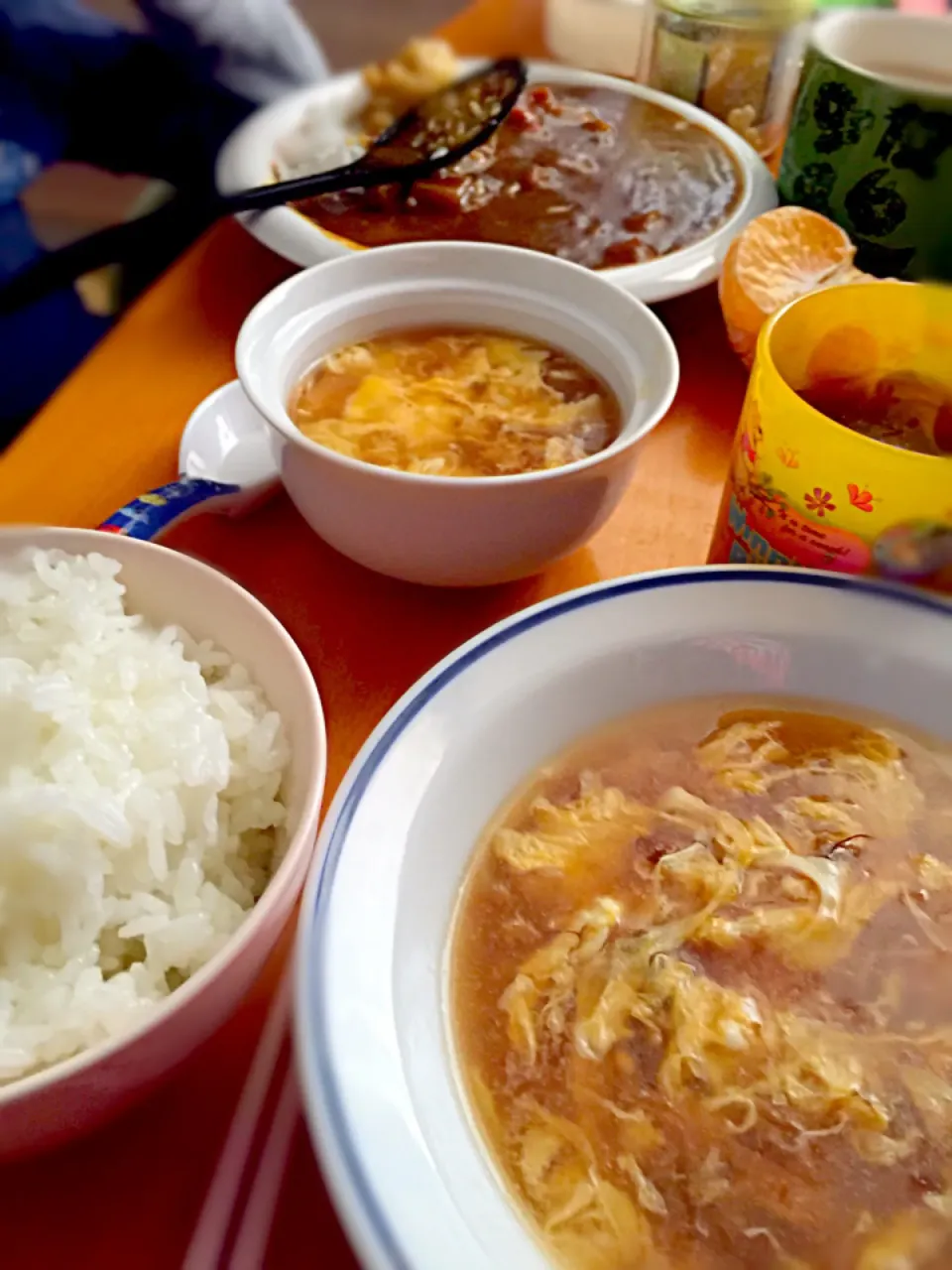 Snapdishの料理写真:フカヒレ卵スープごはん、ポークカレー🍛|ch＊K*∀o(^^*)♪さん