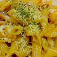 Snapdishの料理写真:Seafood pasta with prawns, squid and cod fish|Cindyさん