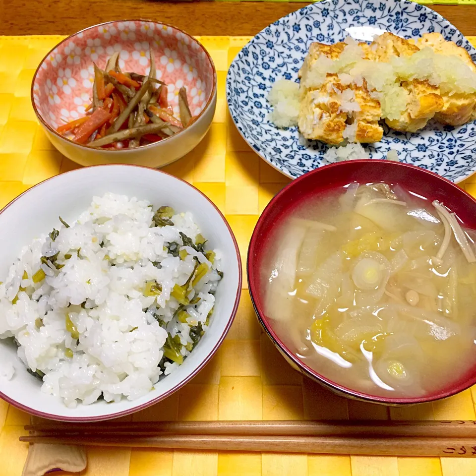 Snapdishの料理写真:キンピラ、厚焼き卵、ネギと白菜のお味噌汁、菜飯|舐め子さん