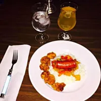 Snapdishの料理写真:sausage and peppers with mango salsa over white rice with a side of shrimps|Sharee Johnsonさん